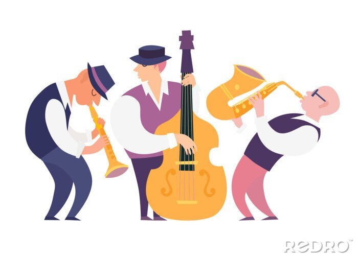Sticker  Cartoon jazz musicians group vector illustration: contrabassist, saxophone and clarinet. People characters playing on musical instruments. Isolated on white background