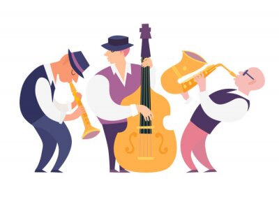 Sticker  Cartoon jazz musicians group vector illustration: contrabassist, saxophone and clarinet. People characters playing on musical instruments. Isolated on white background