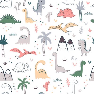 Cartoon seamless pattern with dinosaurs and palm trees