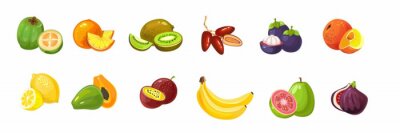 Sticker  Cartoon tropical exotic fruits set on white background vector illustration. Juicy collection of lemon orange banana kiwi and fig flat style design. Bright tasty vitamins concept