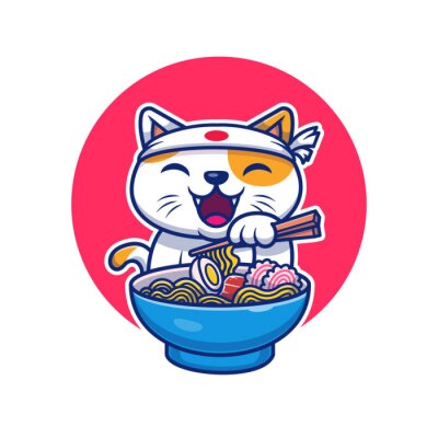 Sticker  Cat Eating Ramen Noodle Vector Icon Illustration. Cat Logo Mascot Cartoon Character. Animal Icon Concept White Isolated. Flat Cartoon Style Suitable for Web Landing Page, Banner, Flyer, Sticker, Card