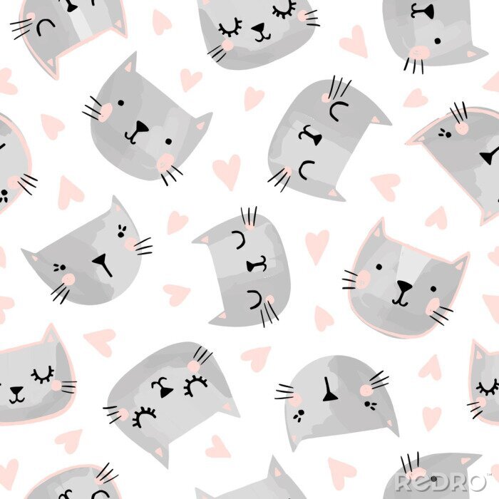 Sticker  Cats seamless vector pattern with hearts. Cute hand drawn kitten faces. Valentines day.