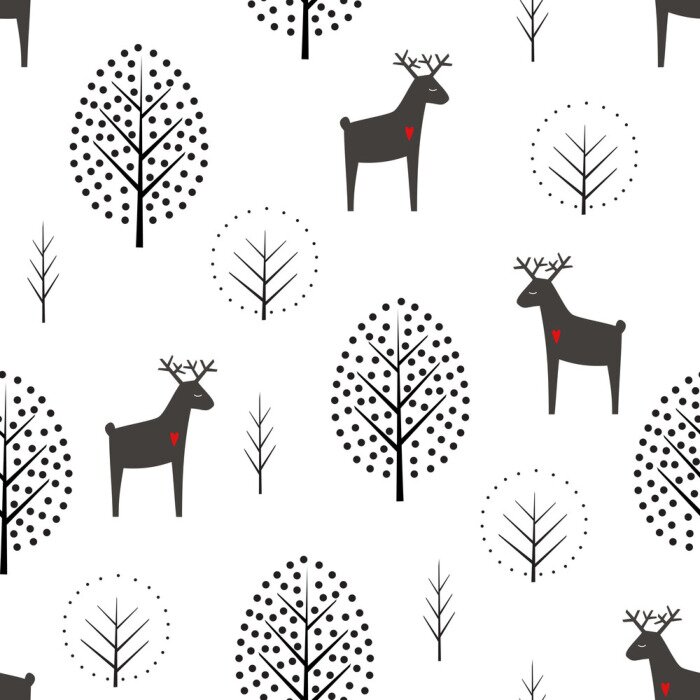 Sticker  Cerf et arbres modèle sans couture sur fond blanc. Illustration vectorielle de forêt décorative. Fond de nature mignon animaux sauvages. Design de style scandinave pour le textile, le papier peint, le