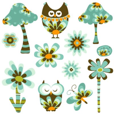 Sticker  Champignons et fleurs de hibou brun et bleu