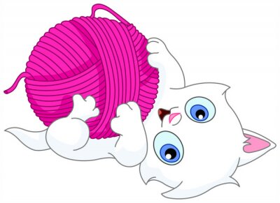 Chat blanc jouant avec du fil rose