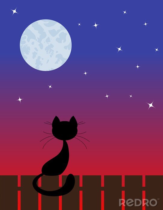Sticker  Chat de chats noirs assis sur la clôture en regardant la lune
