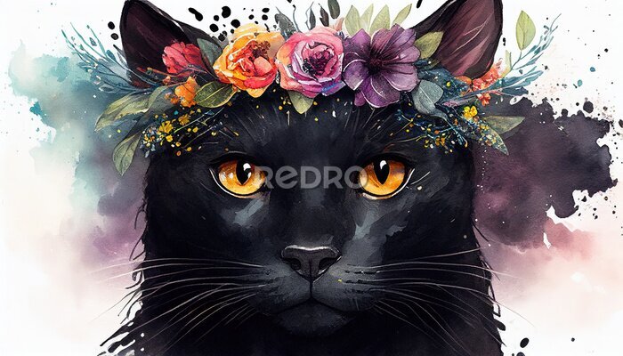 Sticker  Chat noir dans une couronne de fleurs