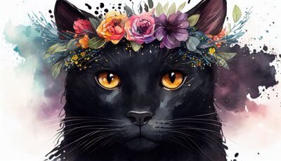 Sticker  Chat noir dans une couronne de fleurs