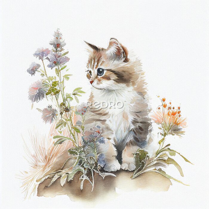 Sticker  Chaton dans le pré avec des fleurs
