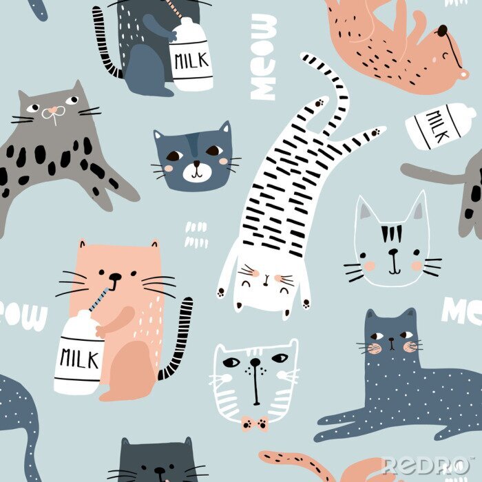 Sticker  Chats couchés et assis avec des bouteilles de lait