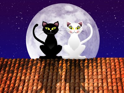 Sticker  Chats sur le toit et la pleine lune