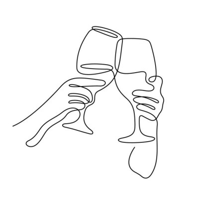 Sticker  Cheering wine glasses continuous line vector illustration