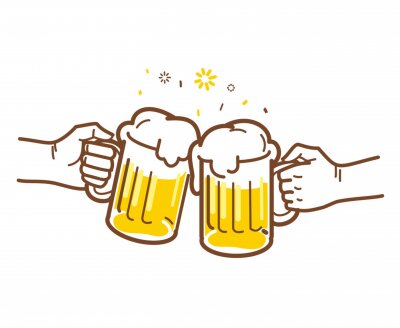 Sticker  Cheers with two mugs of beer with foam isolated on white