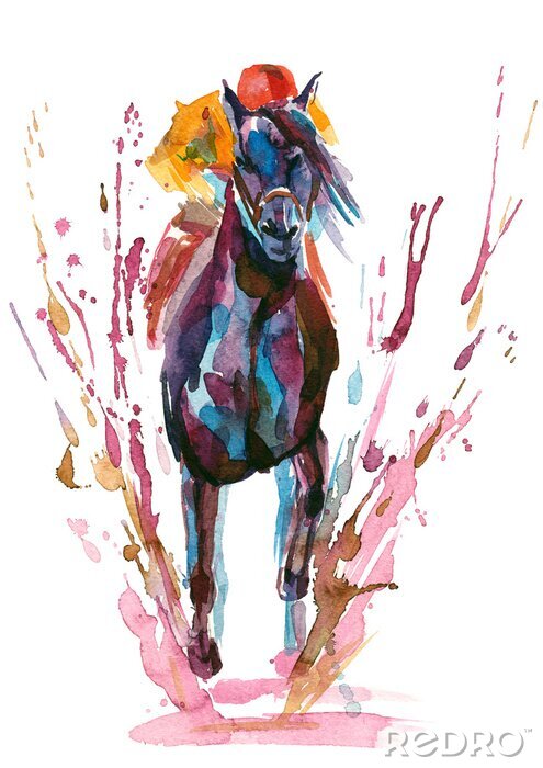 Sticker  Chevaux cheval aquarelle équestre avec un jockey sur le dos