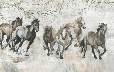 Chevaux peints sur un mur en briques