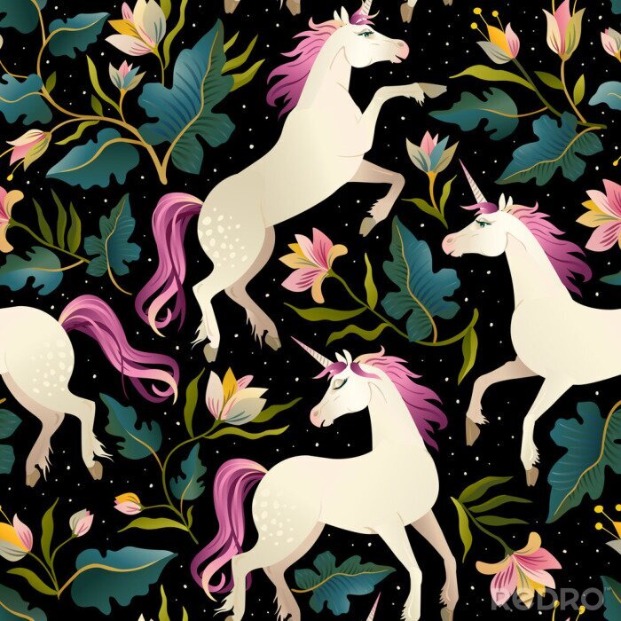 Sticker  Chevaux roses licornes fleurs et feuilles