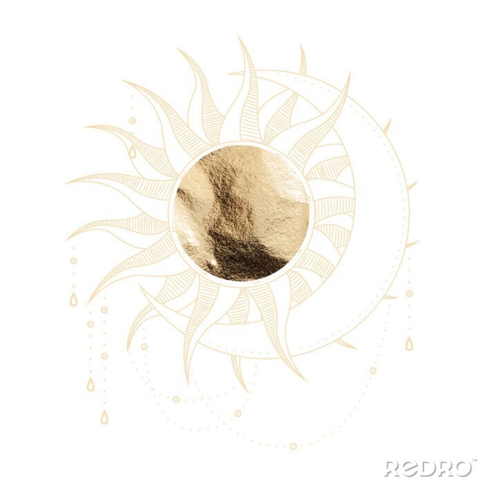 Sticker  chic golden luxurious retro vintage engraving style. image of the sun and moon phases. culture of accultism. Vector graphics