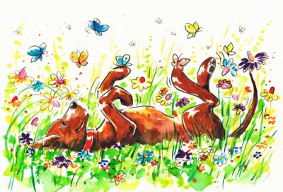 Sticker  Chien dans le pré avec des papillons et des fleurs