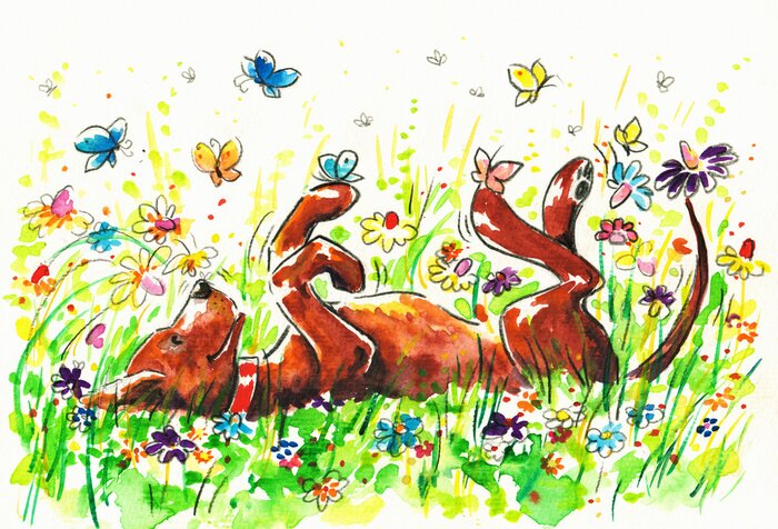 Sticker  Chien dans le pré avec des papillons et des fleurs