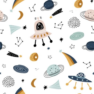 Sticker  Childish seamless pattern with aliens, ufo in cosmos. Trendy scandinavian vector background. Perfect for kids apparel,fabric, textile, nursery decoration,wrapping paper
