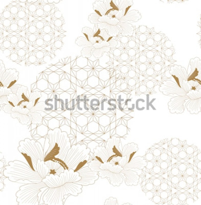 Sticker  Chinesischer Muster nahtloser Vektor. Gold floral mit japanischem geometrischem Elementhintergrund für Gewebe, Packpapier, Hintergrund, Schablone, Deckblattdesign.