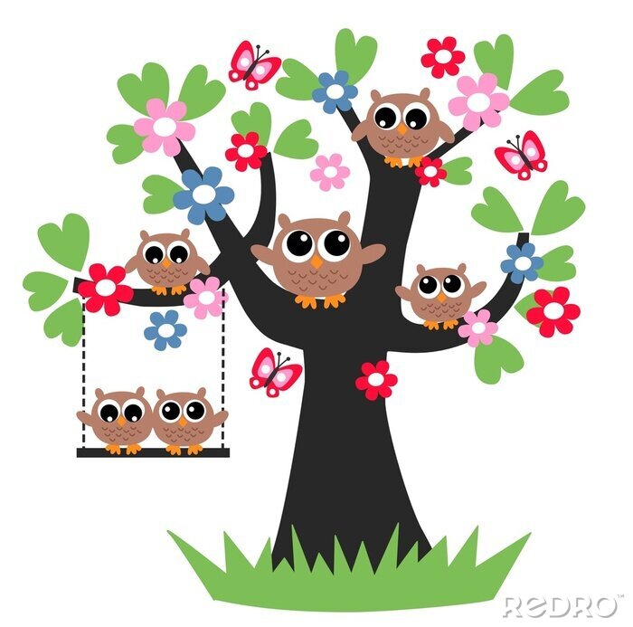 Sticker  Chouettes bébé sur un arbre en fleurs