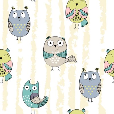 Papier peint à motif  Chouettes et hiboux colorés et souriants