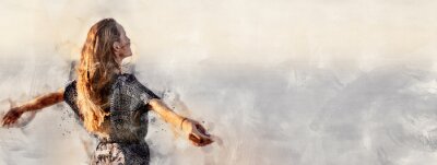 Sticker  Christian worship and praise. A young woman is praying and worshiping in the evening. Watercolor style. Copy space.