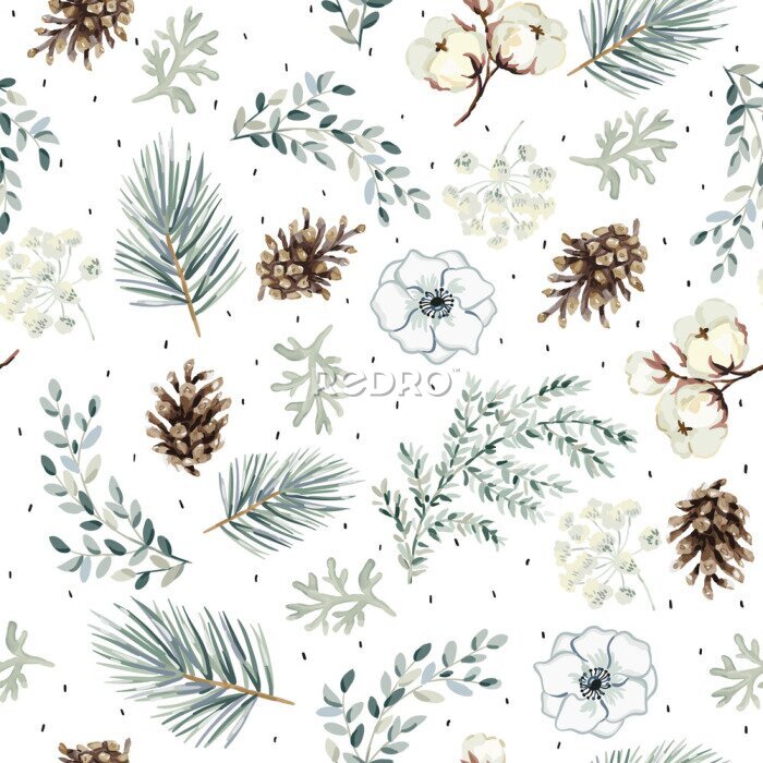 Sticker  Christmas seamless pattern, cones, flowers, green pine twigs, white background. Vector illustration. Nature design. Season greeting. Winter Xmas holidays