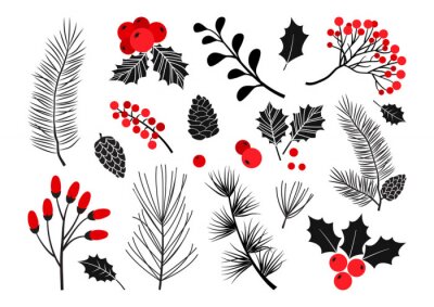 Sticker  Christmas vector plants, holly berry, christmas tree, pine, rowan, leaves branches, holiday decoration, winter symbols isolated on white background. Red and black colors. Vintage nature illustration