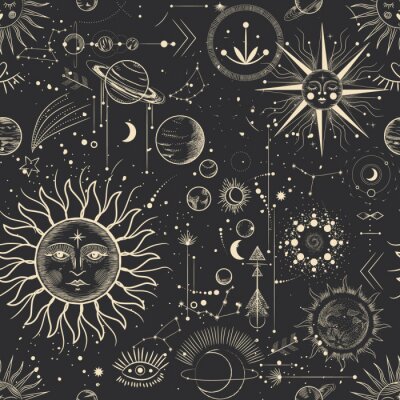 Papier peint à motif  Ciel sombre avec la lune et les planètes