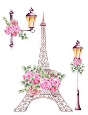Sticker  City lamps and eiffel tower decorated with rose flowers and green leaves. Watercolor vector