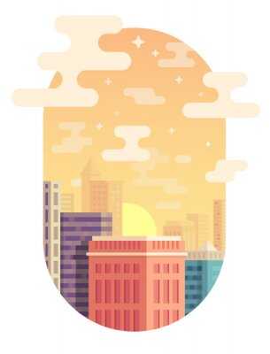 Sticker  City skyline vector illustration. Urban landscape. Cityscape in flat style. Modern city landscape. Cityscape backgrounds. Sunset in the city. Vertical orientation