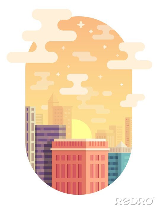 Sticker  City skyline vector illustration. Urban landscape. Cityscape in flat style. Modern city landscape. Cityscape backgrounds. Sunset in the city. Vertical orientation