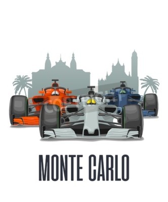 Sticker  Cityline Monte Carlo and three racing cars on Grand Prix Monaco. Vector flat illustration isolated on white background for poster, web icon