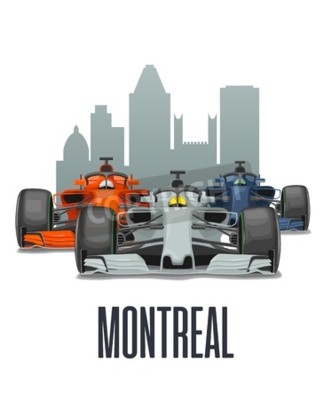 Sticker  Cityline Montreal and three racing cars on Grand Prix Canada. Vector flat illustration isolated on white background for poster, web icon