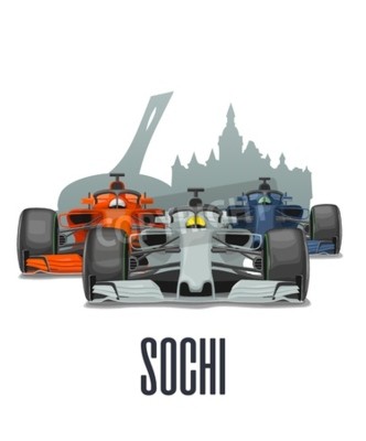 Sticker  Cityline Sochi and three racing cars on Grand Prix Russia. Vector flat illustration isolated on white background for poster, web icon