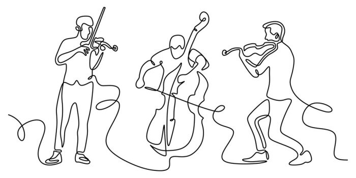 Sticker  Classical musicians one line drawing. Minimalism vector illustration of cello, violin player. Single hand drawn sketch vector illustration. Contour linear design isolated on white background.