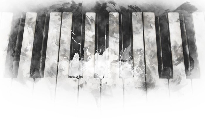 Sticker  Clavier abstrait du piano au premier plan fond de peinture à l'aquarelle et brosse d'illustration numérique à l'art.