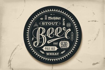 Sticker  Coaster pour la bière avec le lettrage tiré par la main. Dessin vintage monochrome pour des thèmes de barre, de pub et de bière. Cercle noir pour placer une tasse de bière ou une bouteille de bière de