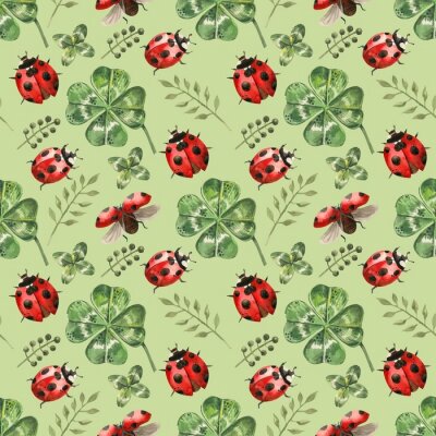 Sticker  Coccinelles aquarellées au milieu de trèfles verts
