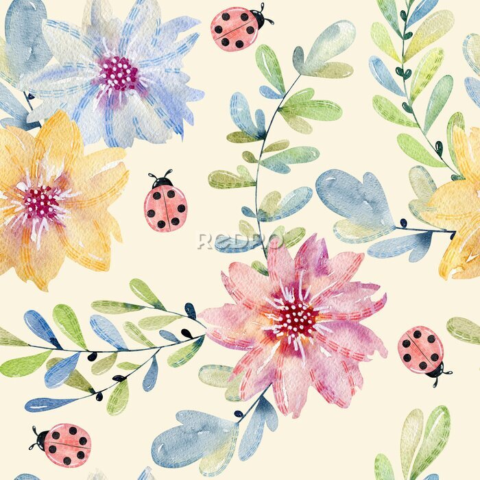 Sticker  Coccinelles et fleurs colorées version aquarelle