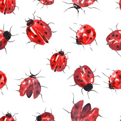 Sticker  Coccinelles rouges aquarellées sur fond blanc