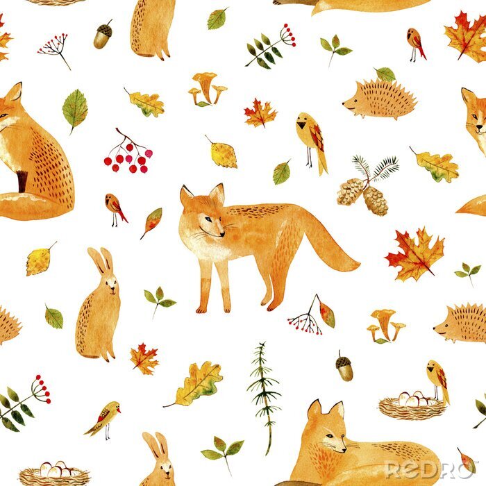 Sticker  Collage d'automne avec des renards, des oiseaux, des hérissons et des plantes