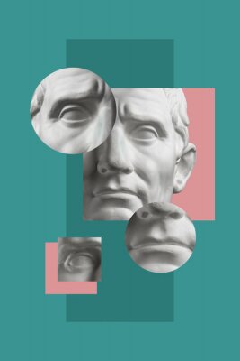 Sticker  Collage with plaster antique sculpture of human face in a pop art style. Modern creative concept image with ancient statue head. Zine culture. Contemporary art poster. Funky minimalism. Retro design.