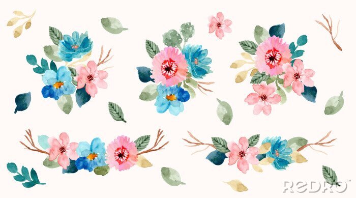 Sticker  Collection d'illustrations de fleurs roses et bleues