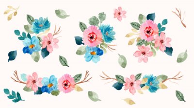 Sticker  Collection d'illustrations de fleurs roses et bleues