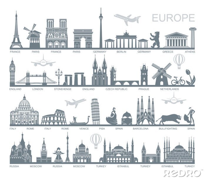 Sticker  Collection de silhouettes détaillées. Définir des repères de voyage. illustration vectorielle