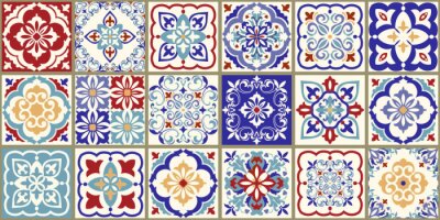 Sticker  Collection of 18 ceramic tiles in turkish style. Seamless colorful patchwork from Azulejo tiles. Portuguese and Spain decor. Islam, Arabic, Indian, Ottoman motif. Vector Hand drawn background