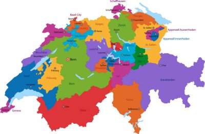 Sticker  Colorful Carte de la Suisse avec les Etats et les principales villes